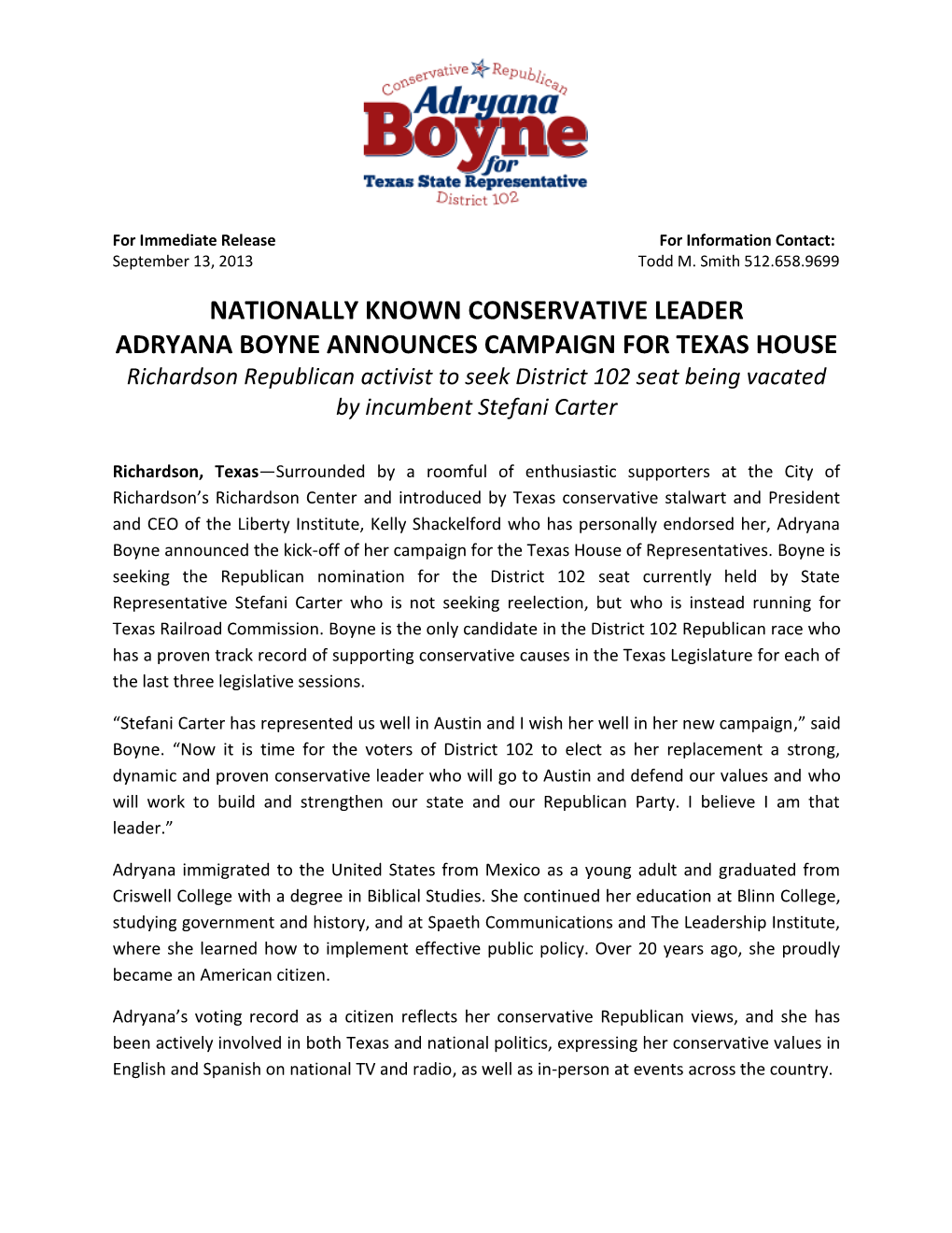 Nationally Known Conservative Leader Adryana Boyne Announces