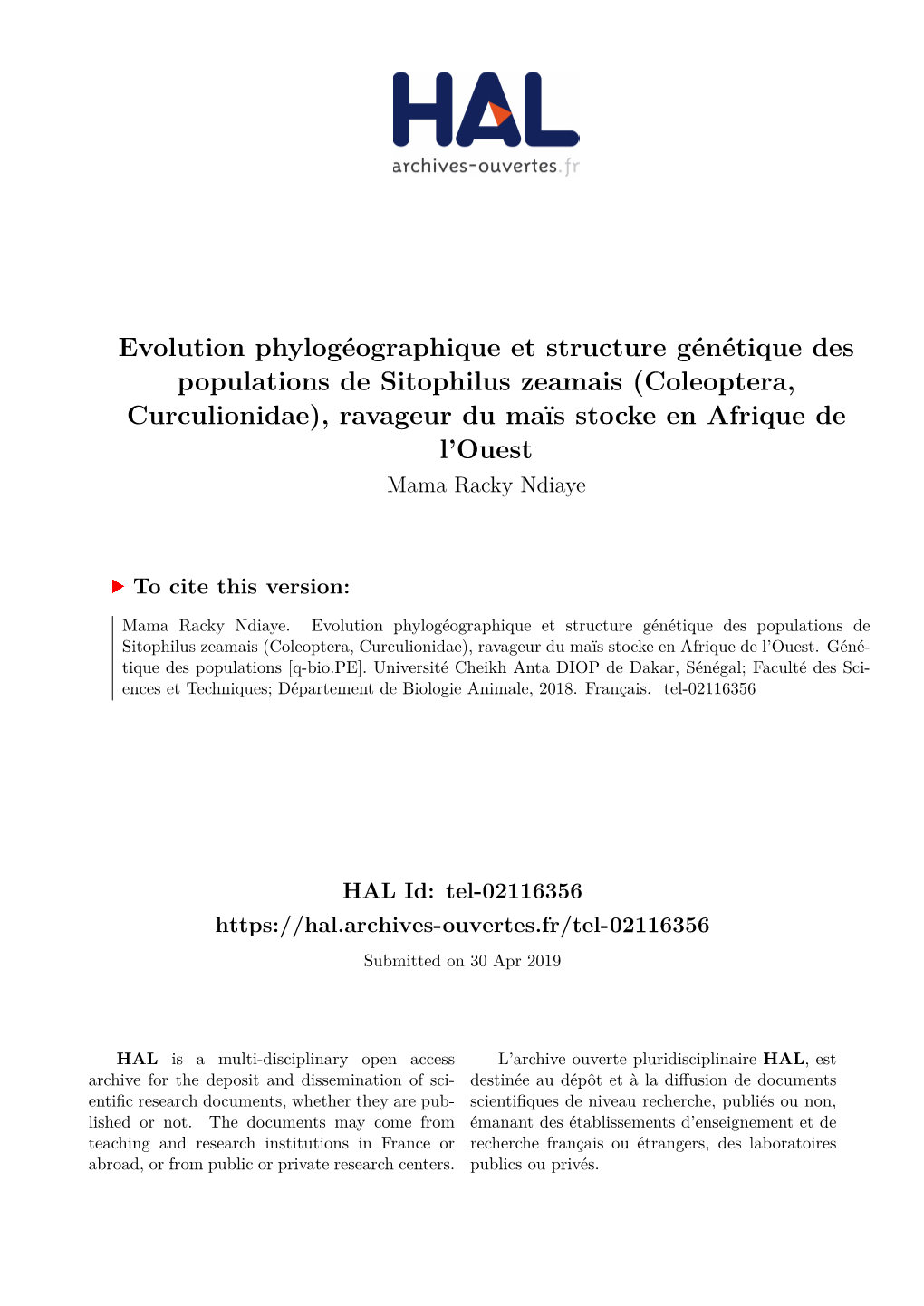 Evolution Phylogéographique Et Structure