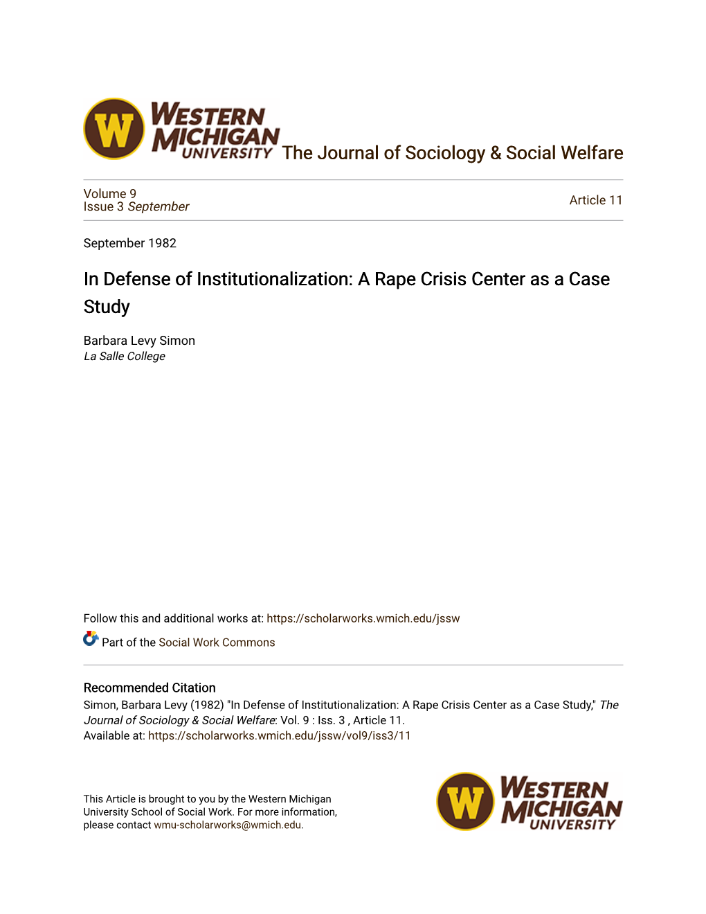 In Defense of Institutionalization: a Rape Crisis Center As a Case Study