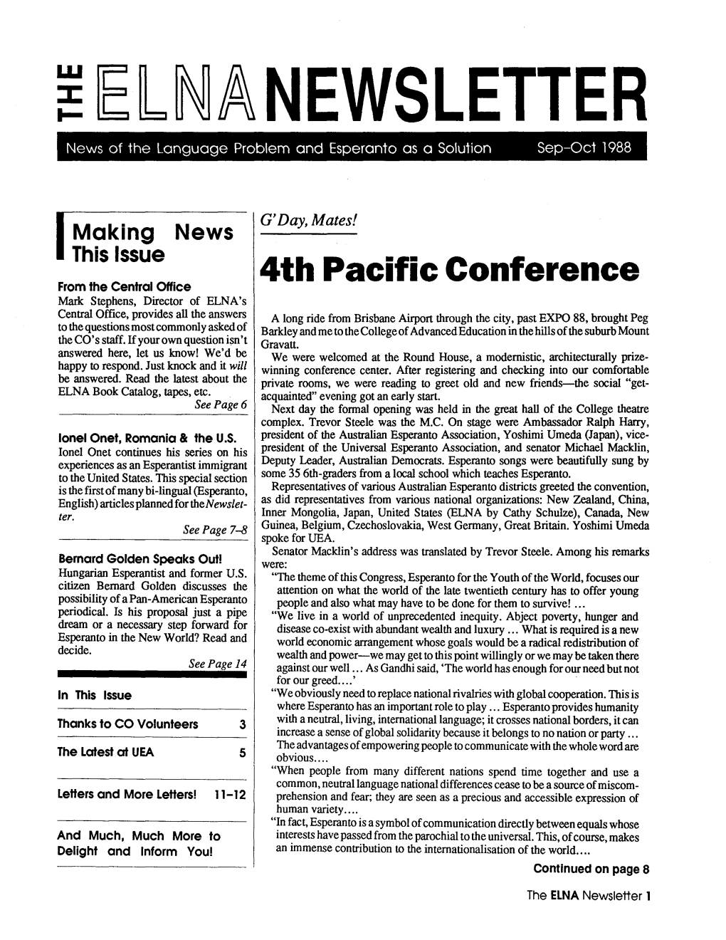 ~[El~ANEWSLETTER News of the Language Problem and Esperanto As 0 Solution Sep-Oct 1988