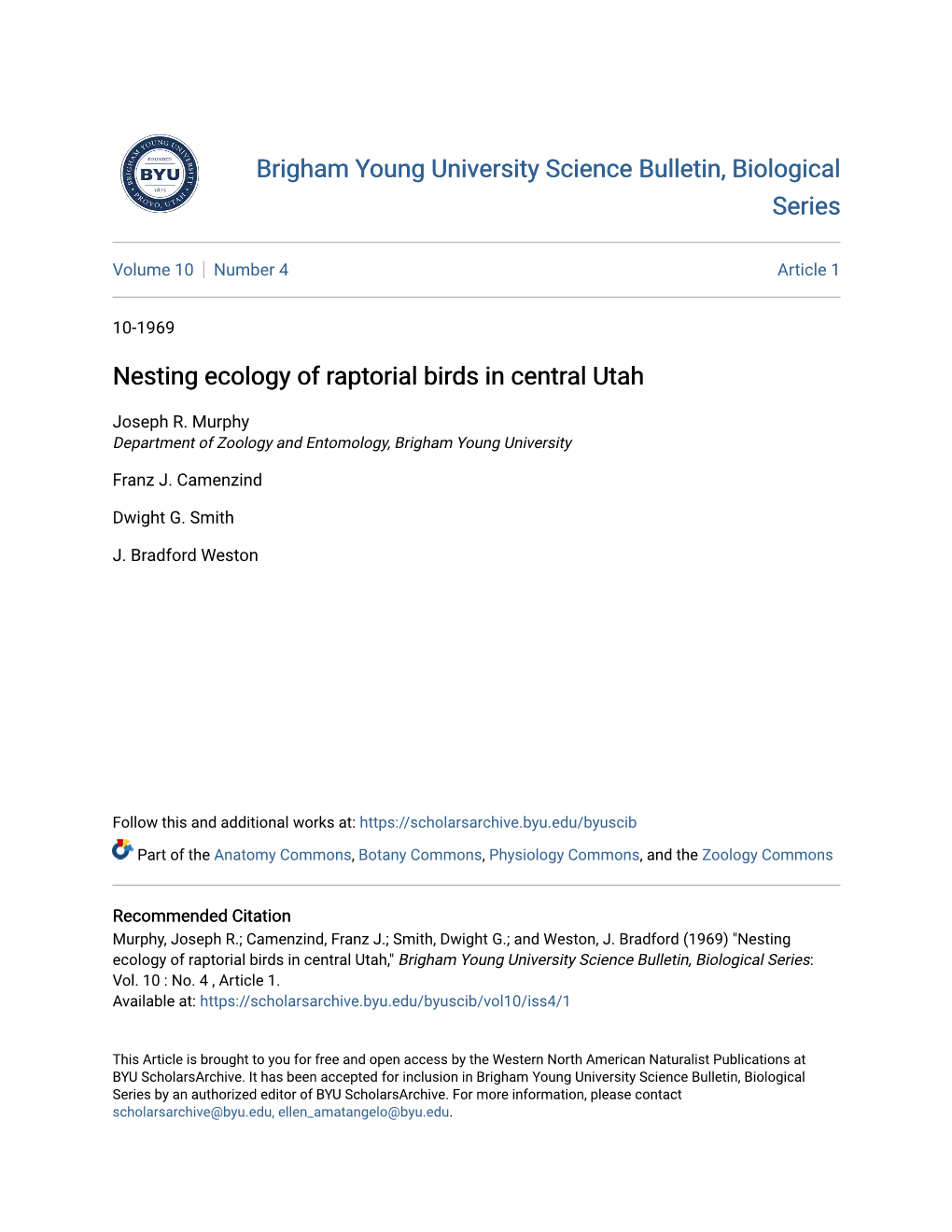 Nesting Ecology of Raptorial Birds in Central Utah