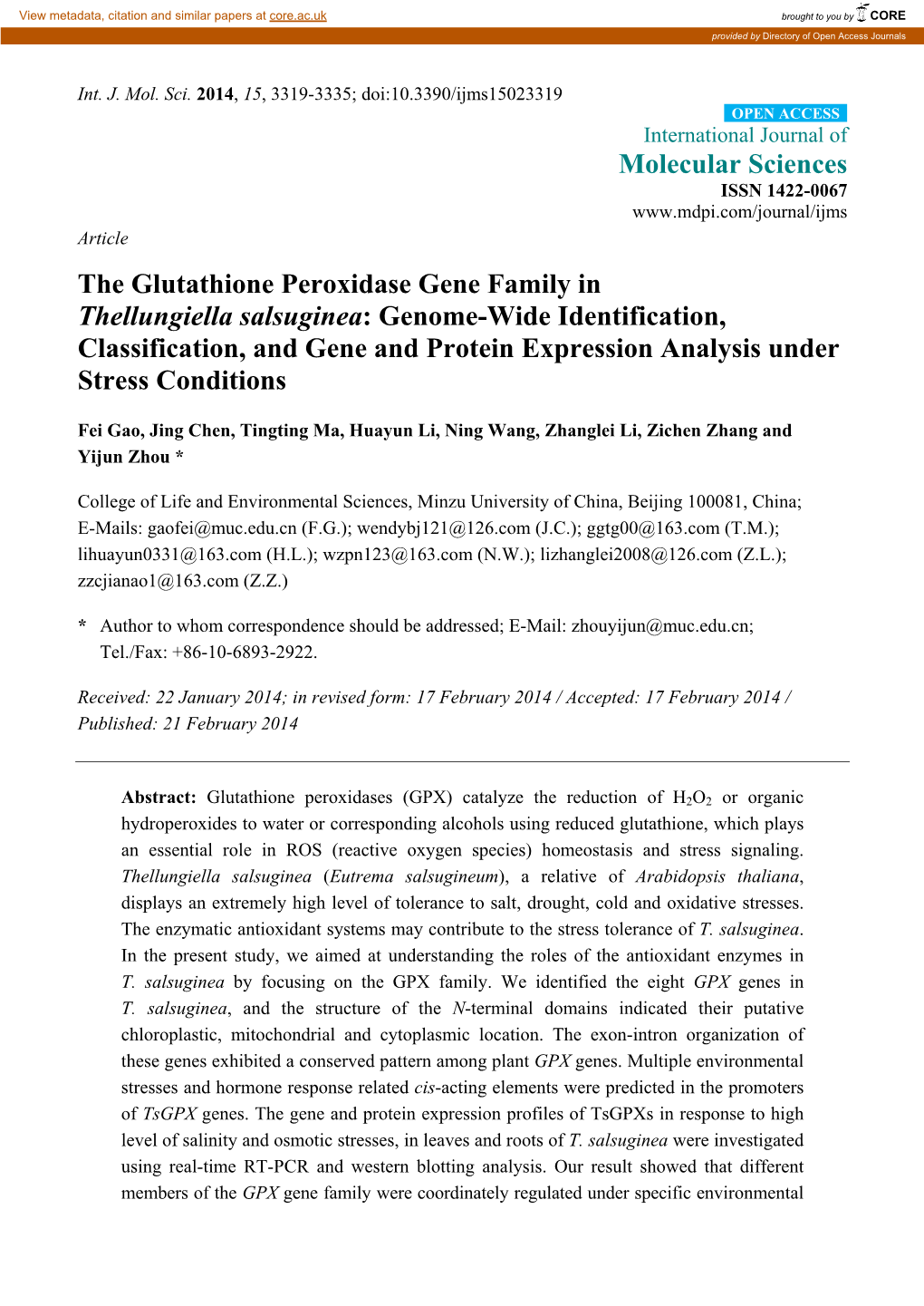 The Glutathione Peroxidase Gene Family in Thellungiella Salsuginea