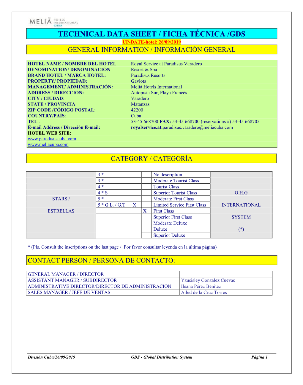 TECHNICAL DATA SHEET / FICHA TÉCNICA /GDS UP-DATE-Hotel: 26/09/2019 GENERAL INFORMATION / INFORMACIÓN GENERAL