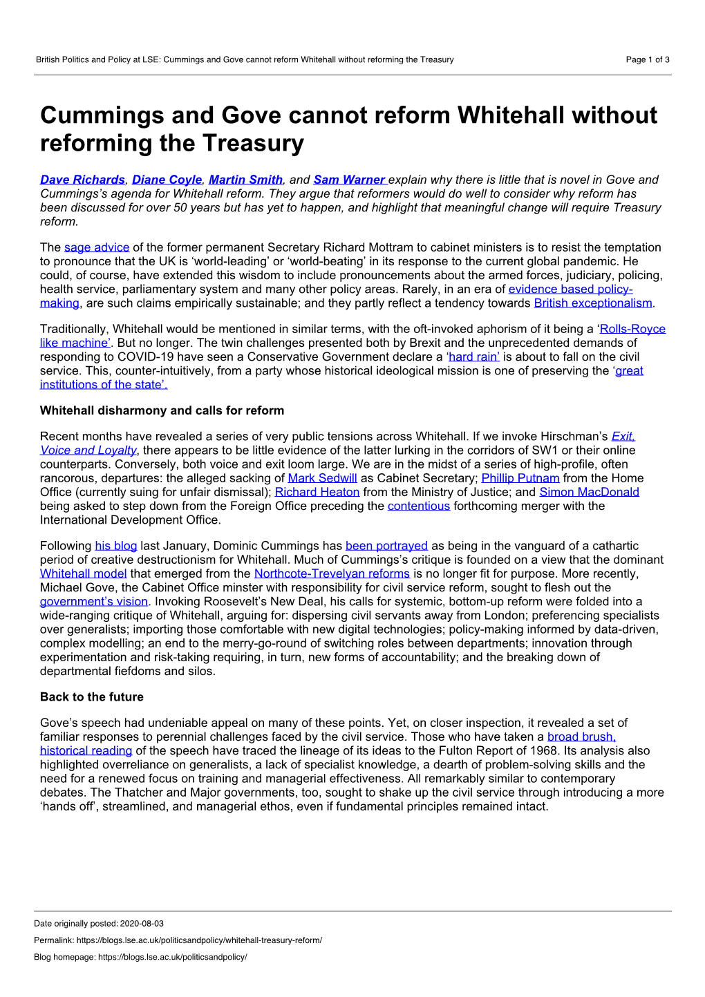 British Politics and Policy at LSE: Cummings and Gove Cannot Reform Whitehall Without Reforming the Treasury Page 1 of 3