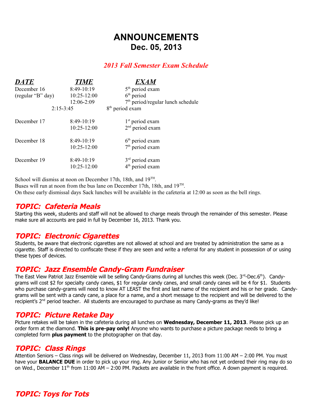 2013 Fall Semester Exam Schedule