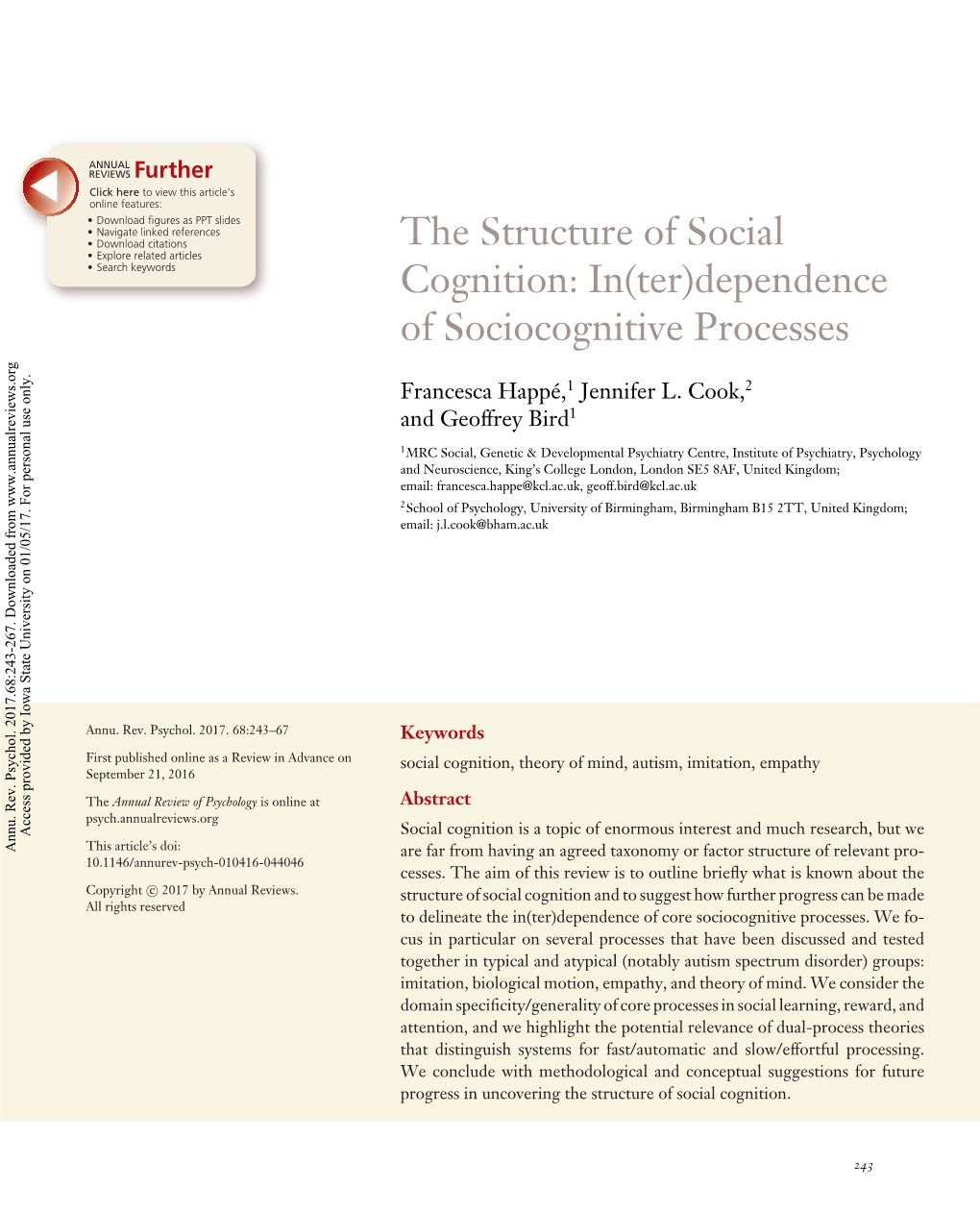 The Structure of Social Cognition: In(Ter)Dependence of Sociocognitive Processes Access Provided by Iowa State University on 01/05/17