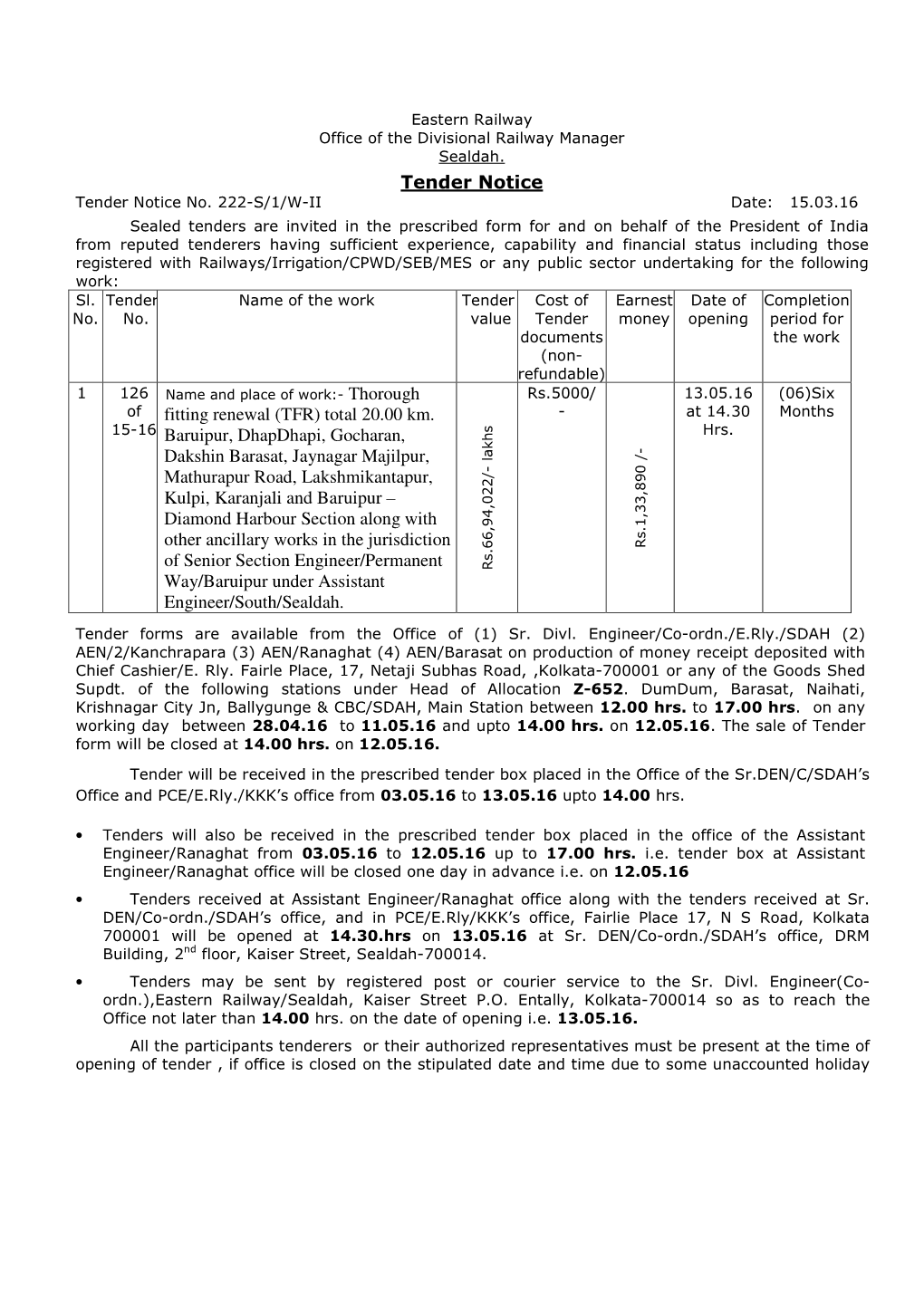 Tender Notice Fitting Renewal