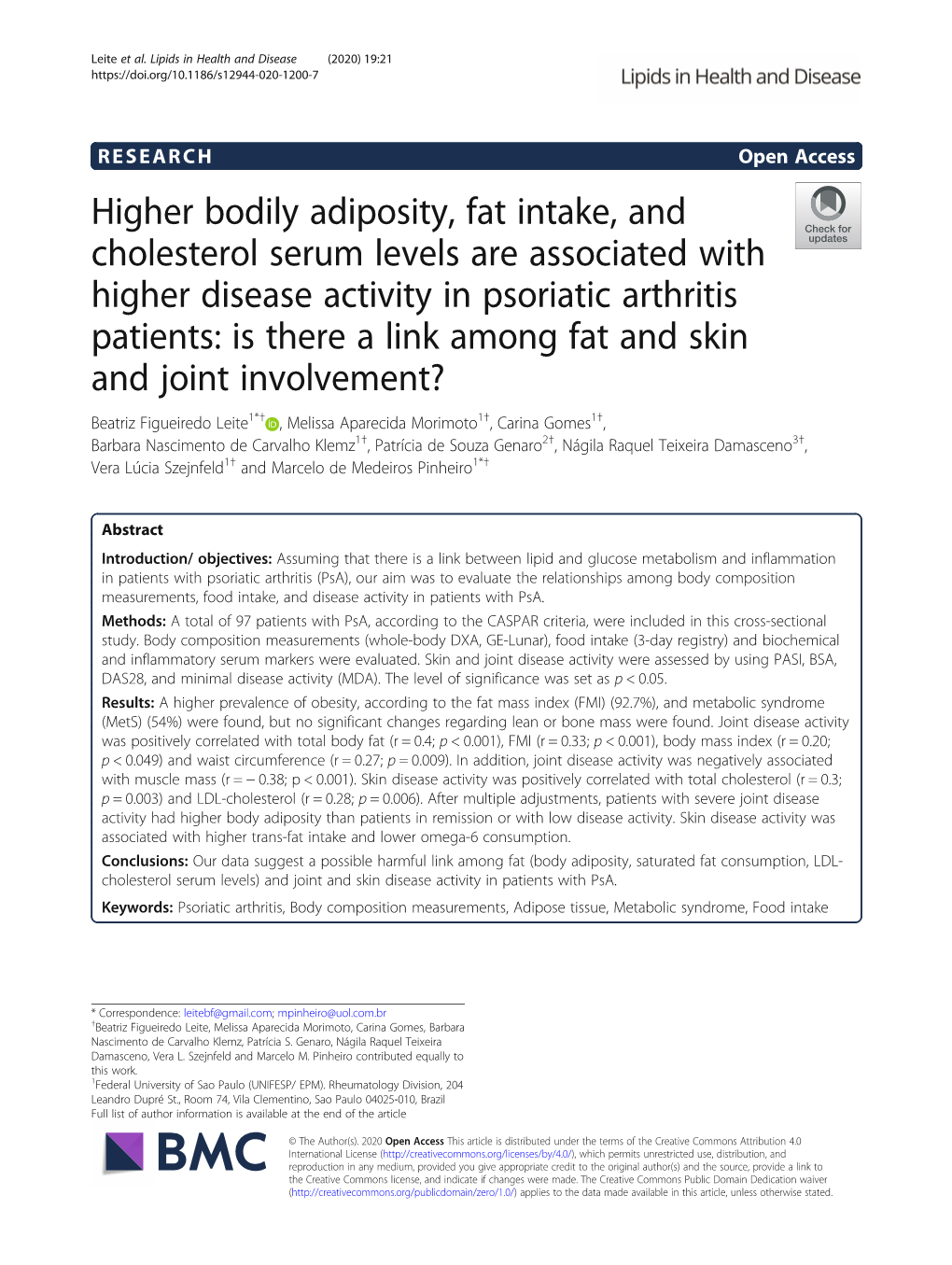 View Regarding the Relationships Estado De São Paulo), with the Following Grants 2012/18701–2 and 2012/ Among Food Intake, Inflammation, Body Composition Mea- 18789–7