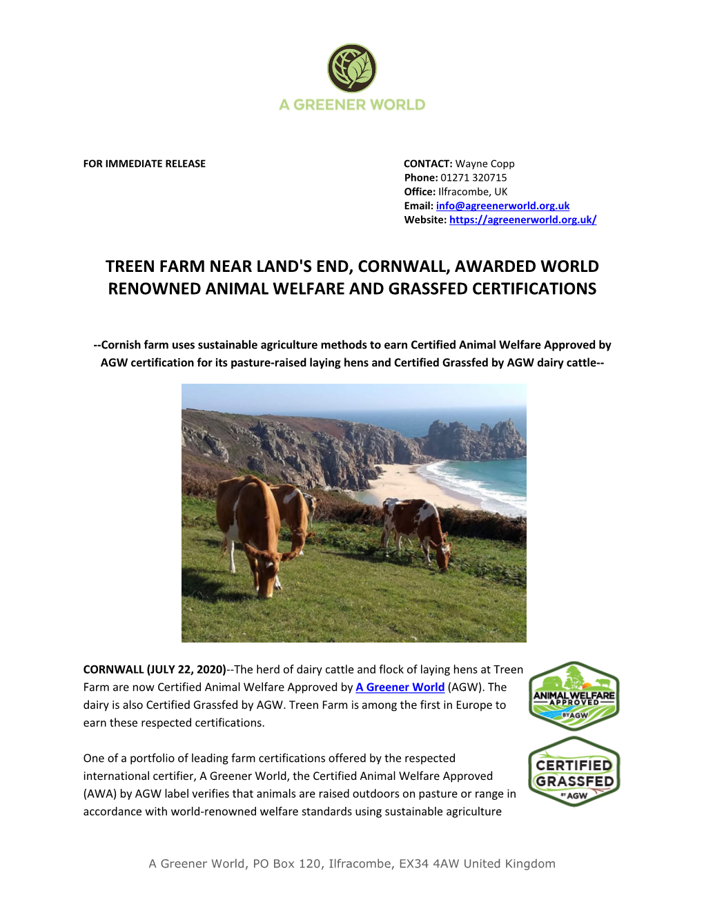 Treen Farm Near Land's End, Cornwall, Awarded World Renowned Animal Welfare and Grassfed Certifications