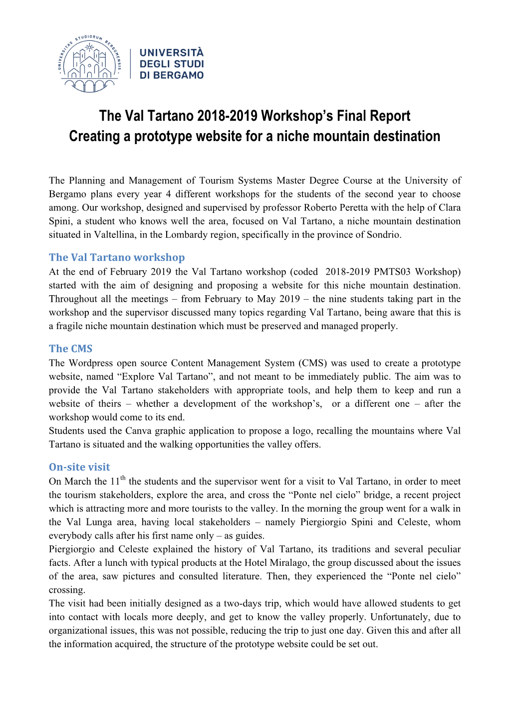 The Val Tartano 2018-2019 Workshop's Final Report Creating A