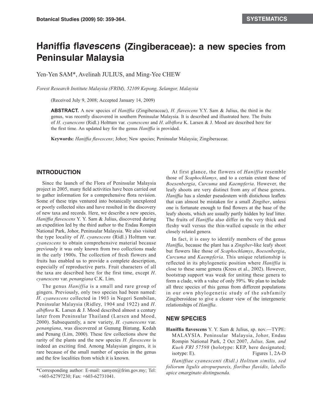 Haniffia Flavescens (Zingiberaceae): a New Species from Peninsular Malaysia