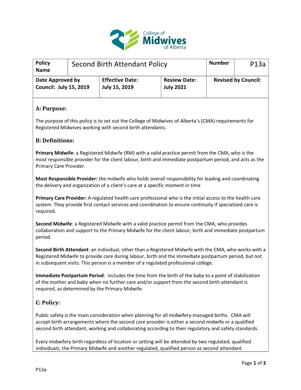 P13a Second Birth Attendant Policy