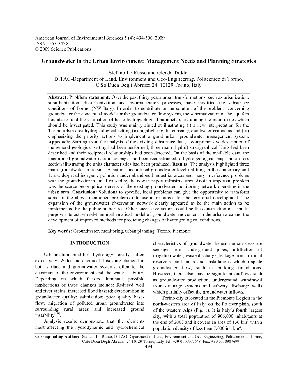 Groundwater in the Urban Environment: Management Needs and Planning Strategies