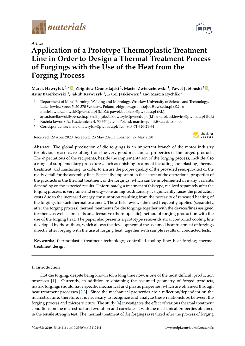 Application of a Prototype Thermoplastic Treatment Line in Order to Design a Thermal Treatment Process of Forgings with the Use of the Heat from the Forging Process