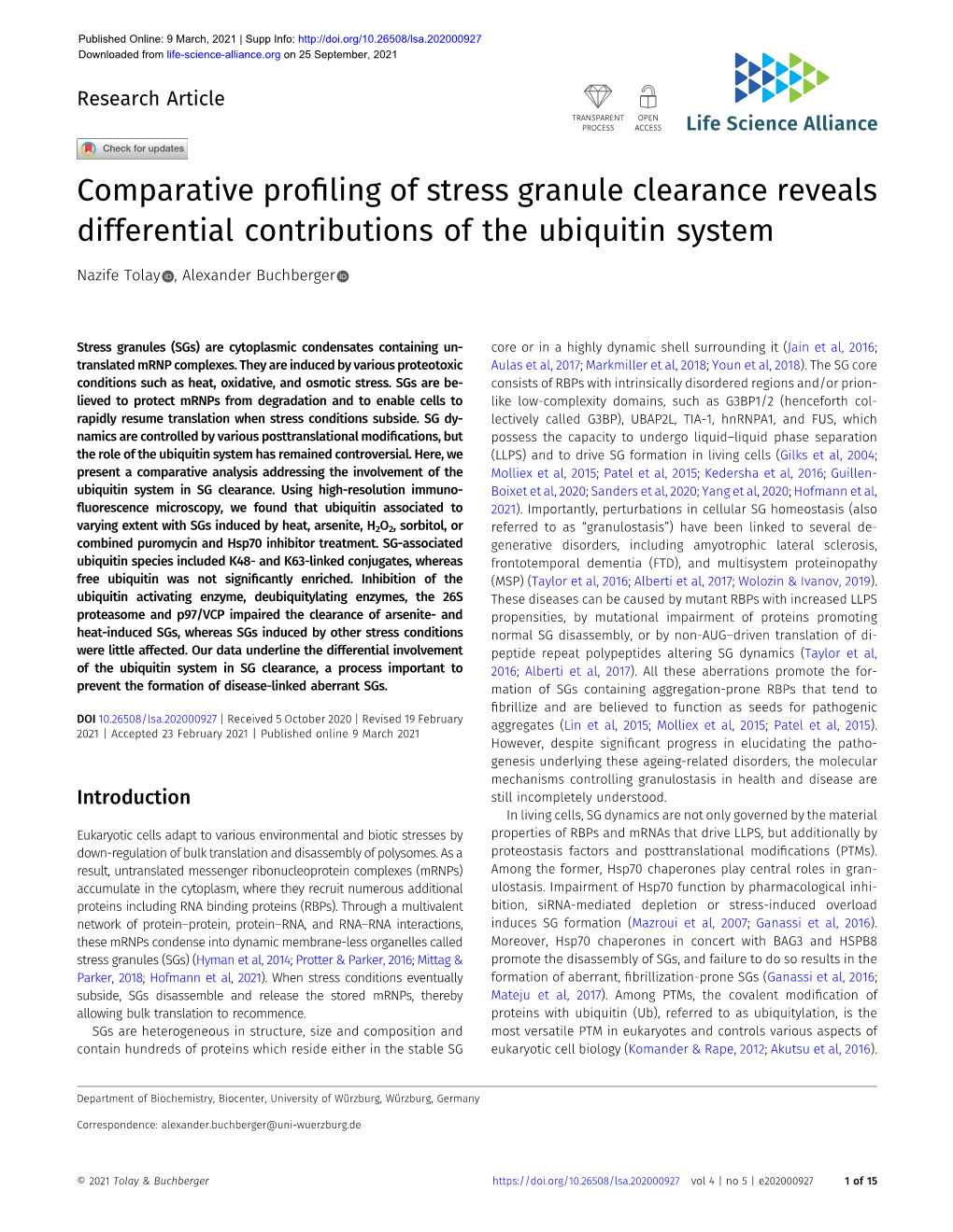 Comparative Profiling of Stress Granule Clearance Reveals Differential Contributions of the Ubiquitin System