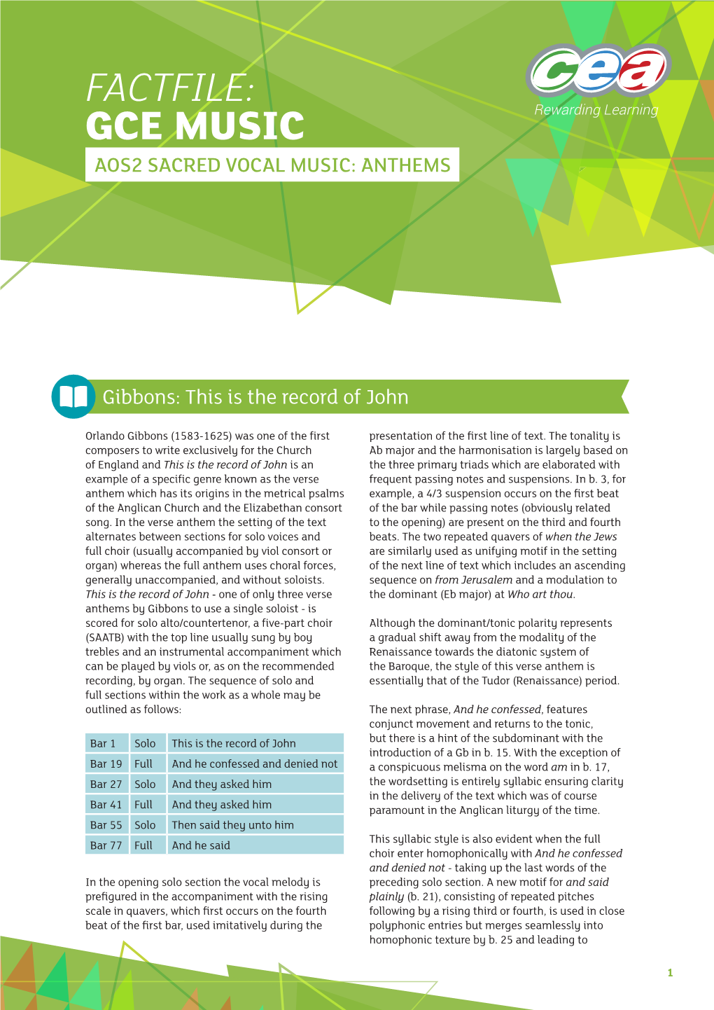Factfile: Gce Music Aos2 Sacred Vocal Music: Anthems