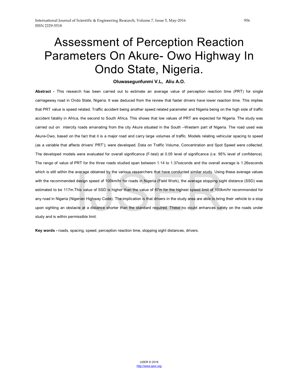 Assessement of Perception Reaction Parameters on Akure- Owo