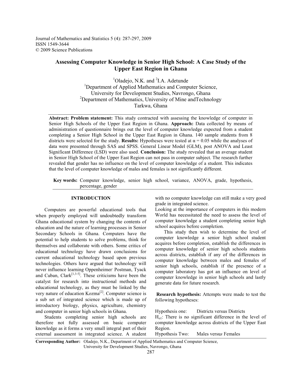 Assessing Computer Knowledge in Senior High School: a Case Study of the Upper East Region in Ghana