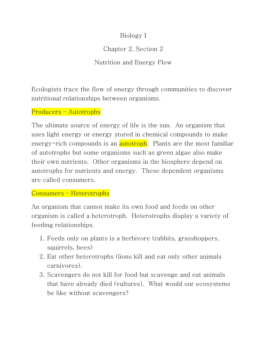 Biology I Chapter 2, Section 2 Nutrition and Energy Flow