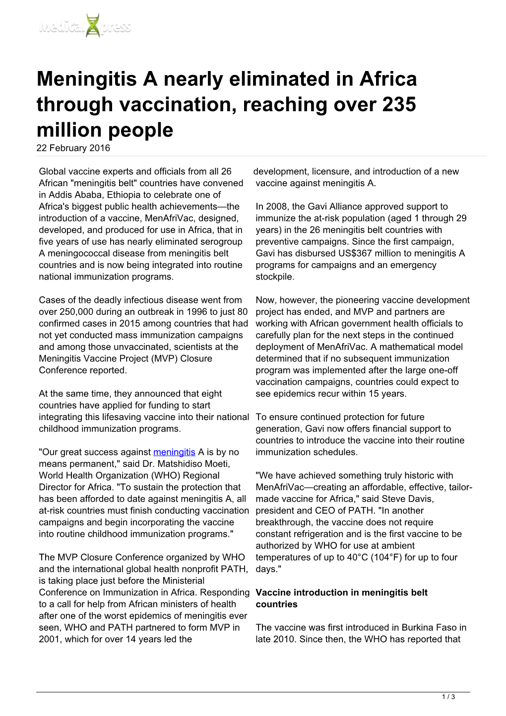 Meningitis a Nearly Eliminated in Africa Through Vaccination, Reaching Over 235 Million People 22 February 2016