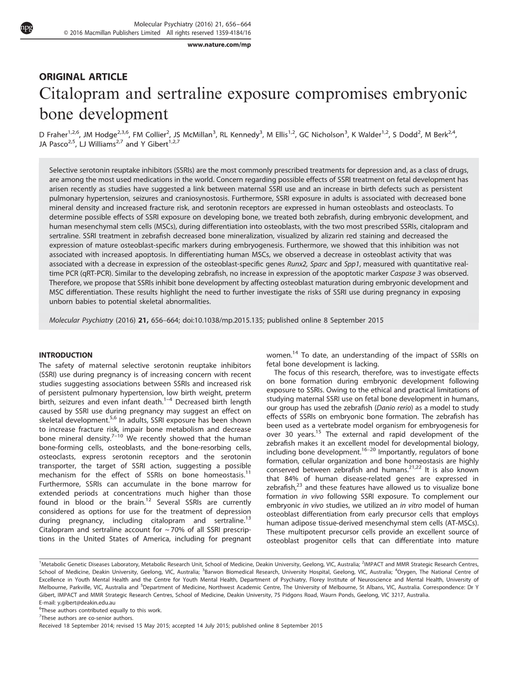 Citalopram and Sertraline Exposure Compromises Embryonic Bone Development