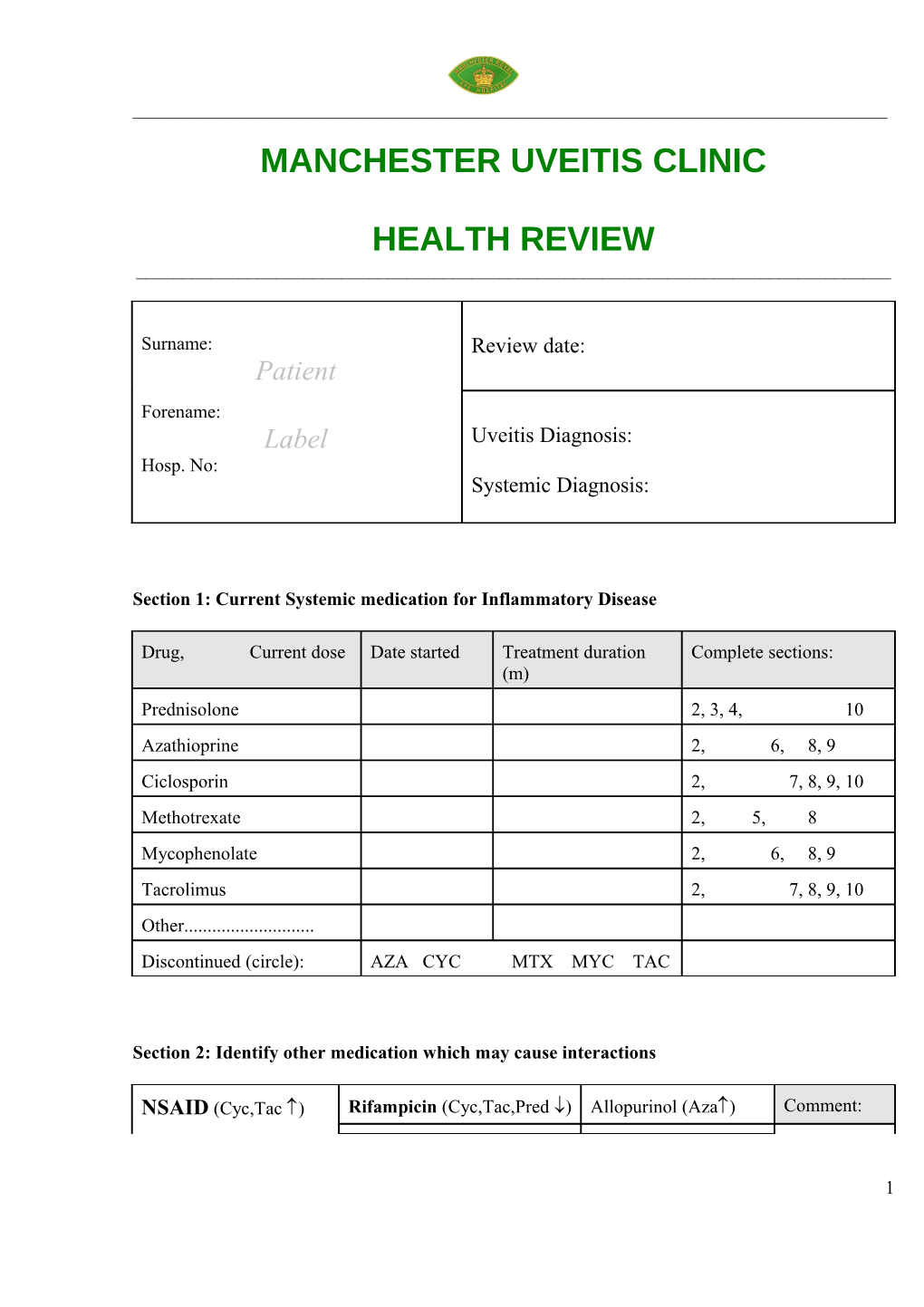 Section 1: Current Systemic Medication for Inflammatory Disease