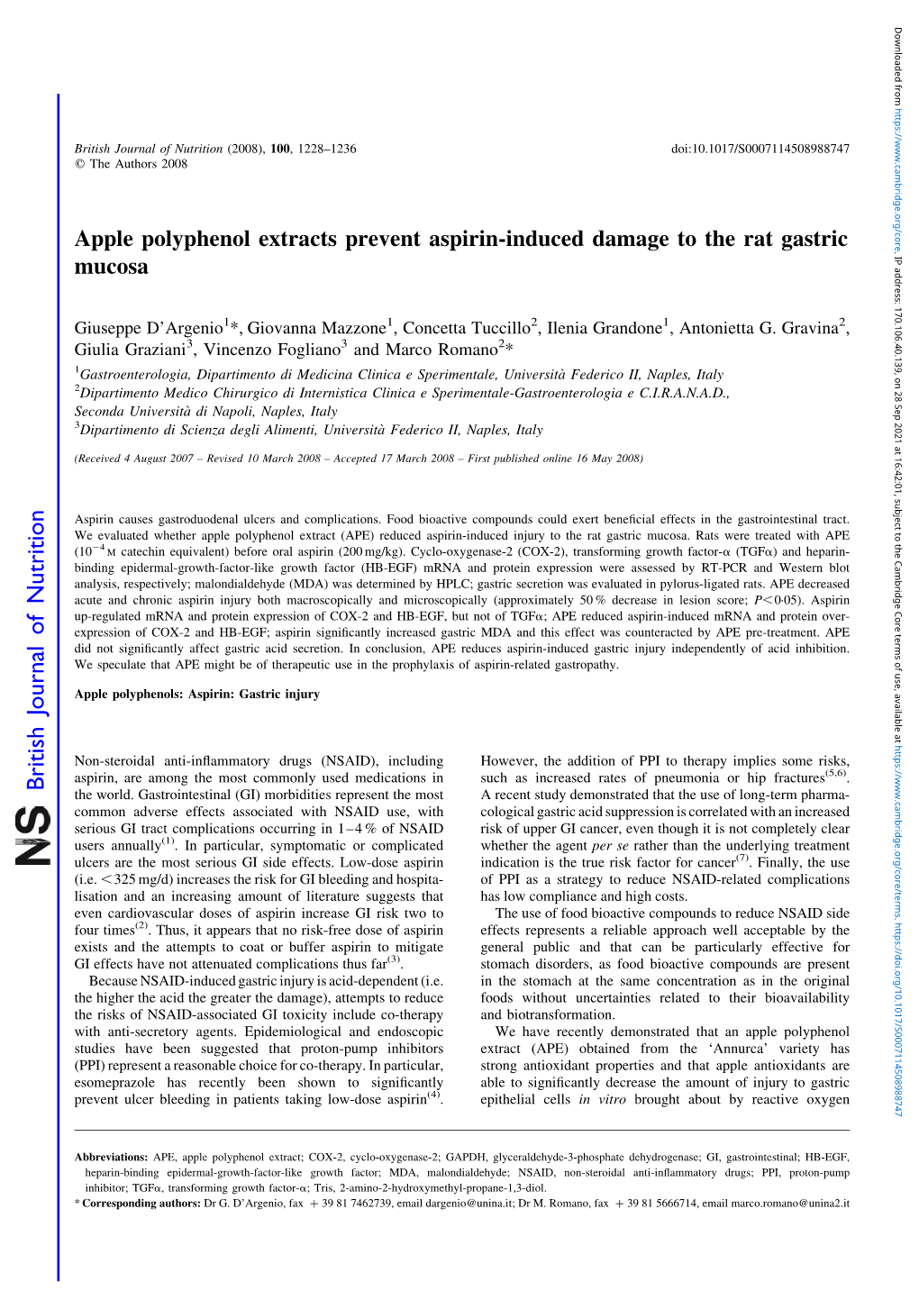 Apple Polyphenol Extracts Prevent Aspirin-Induced Damage to the Rat Gastric