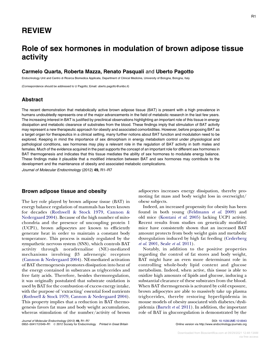 REVIEW Role of Sex Hormones in Modulation of Brown Adipose Tissue