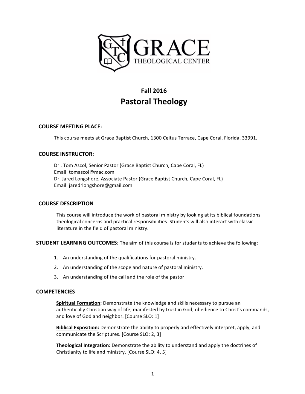 GTC Pastoral Theology FA16