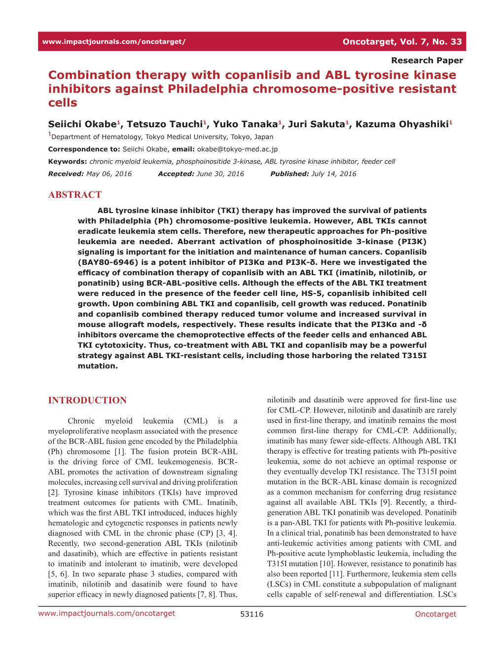 Combination Therapy with Copanlisib and ABL Tyrosine Kinase Inhibitors Against Philadelphia Chromosome-Positive Resistant Cells