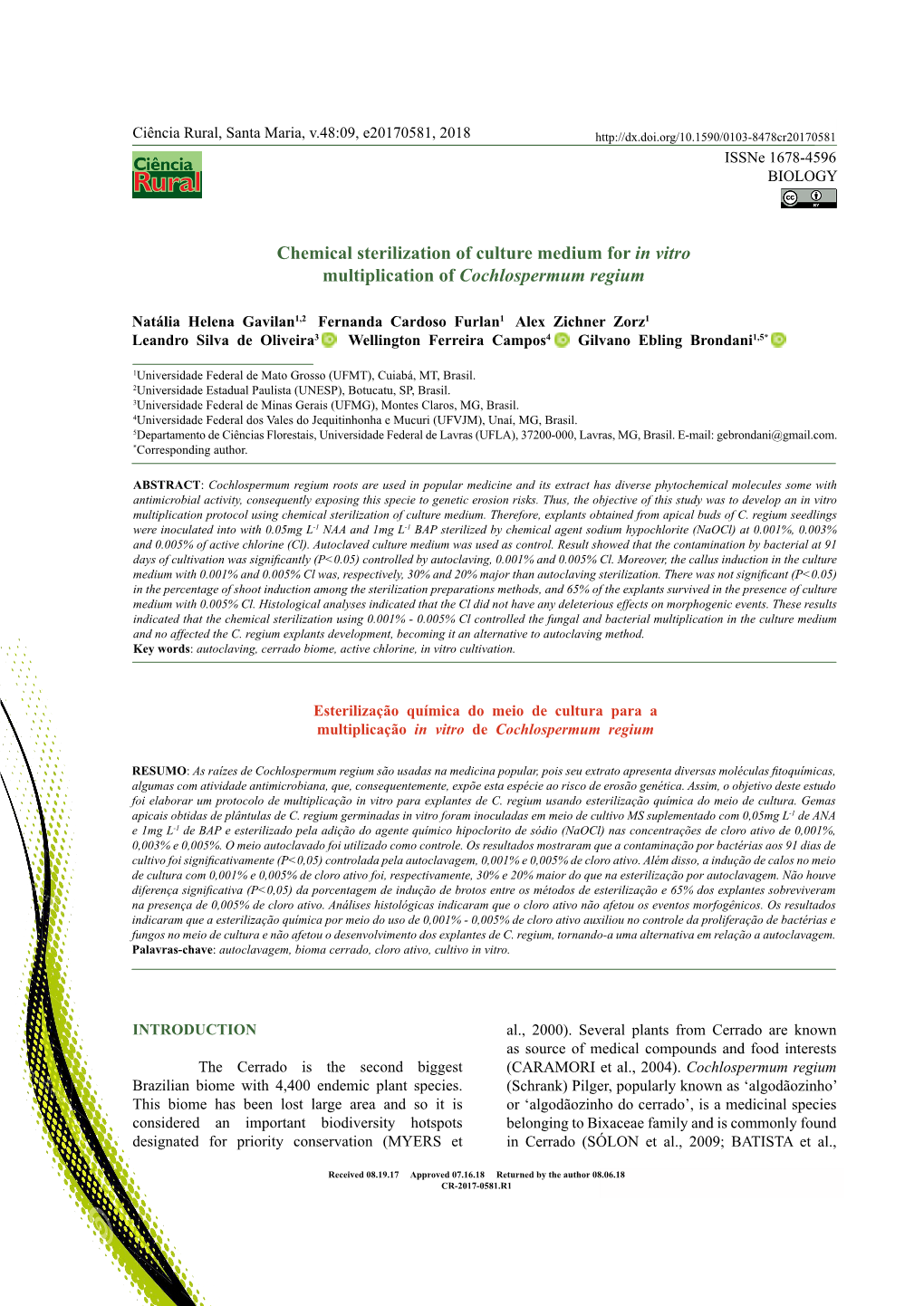 Chemical Sterilization of Culture Medium for in Vitro Multiplication of Cochlospermum Regium