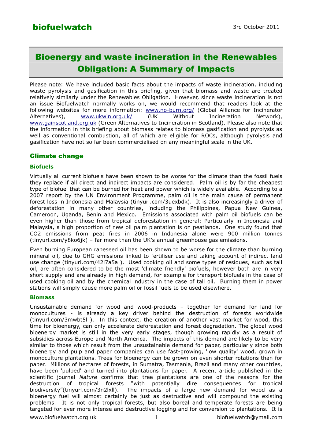 Biofuelwatch Bioenergy and Waste Incineration in the Renewables Obligation: a Summary of Impacts