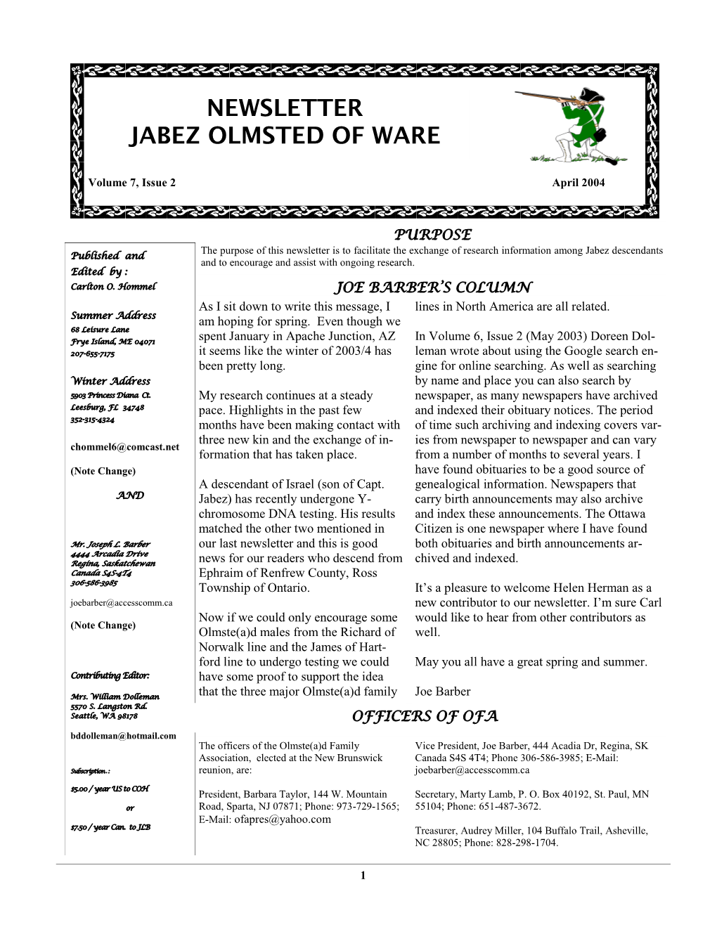 Newsletter Jabez Olmsted of Ware