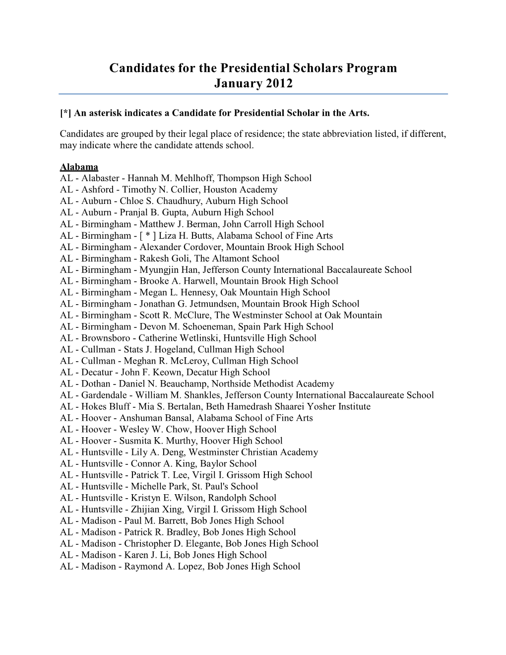 2012 Candidates for the Presidential Scholars Program