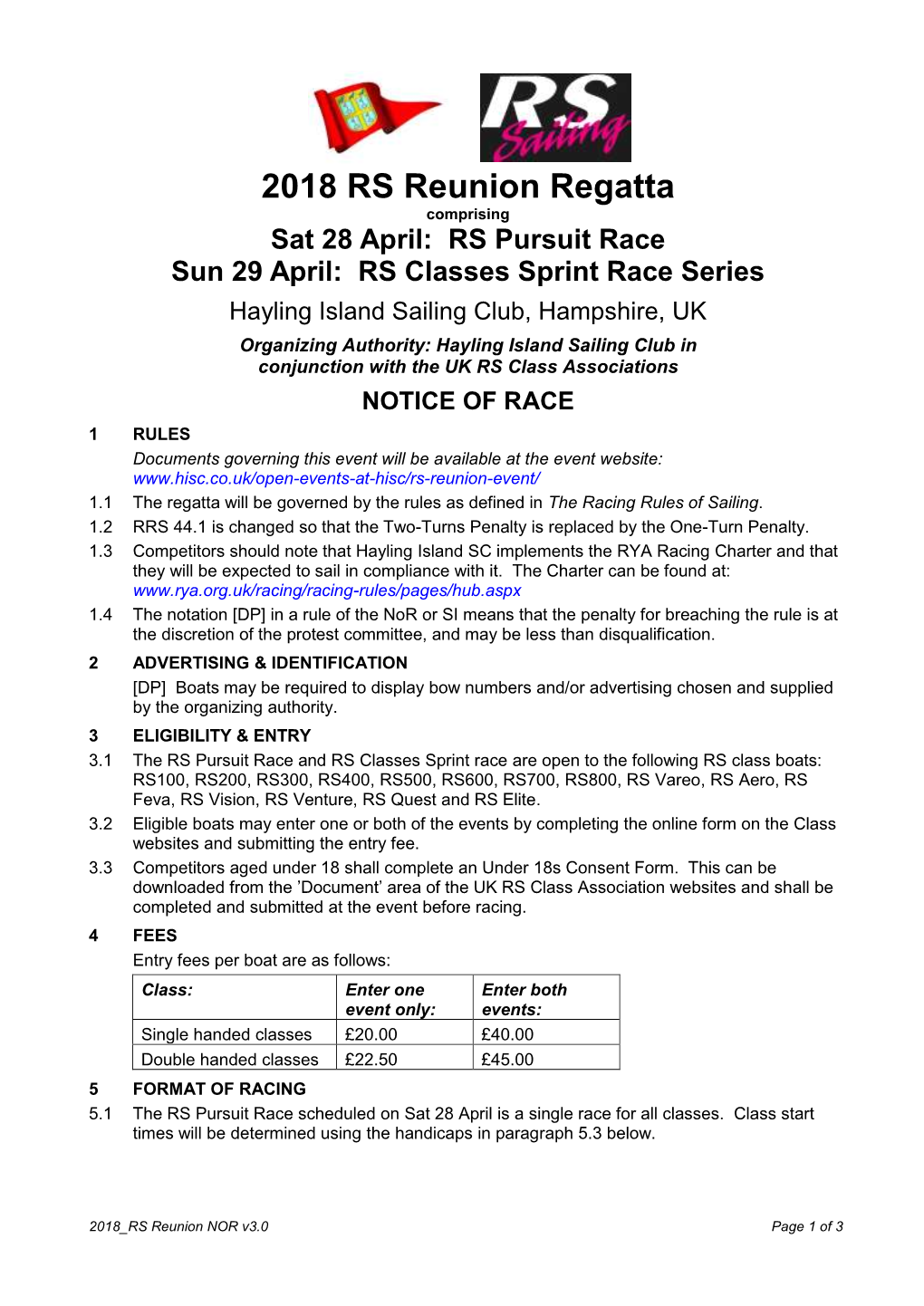 RS Classes Sprint Race Series