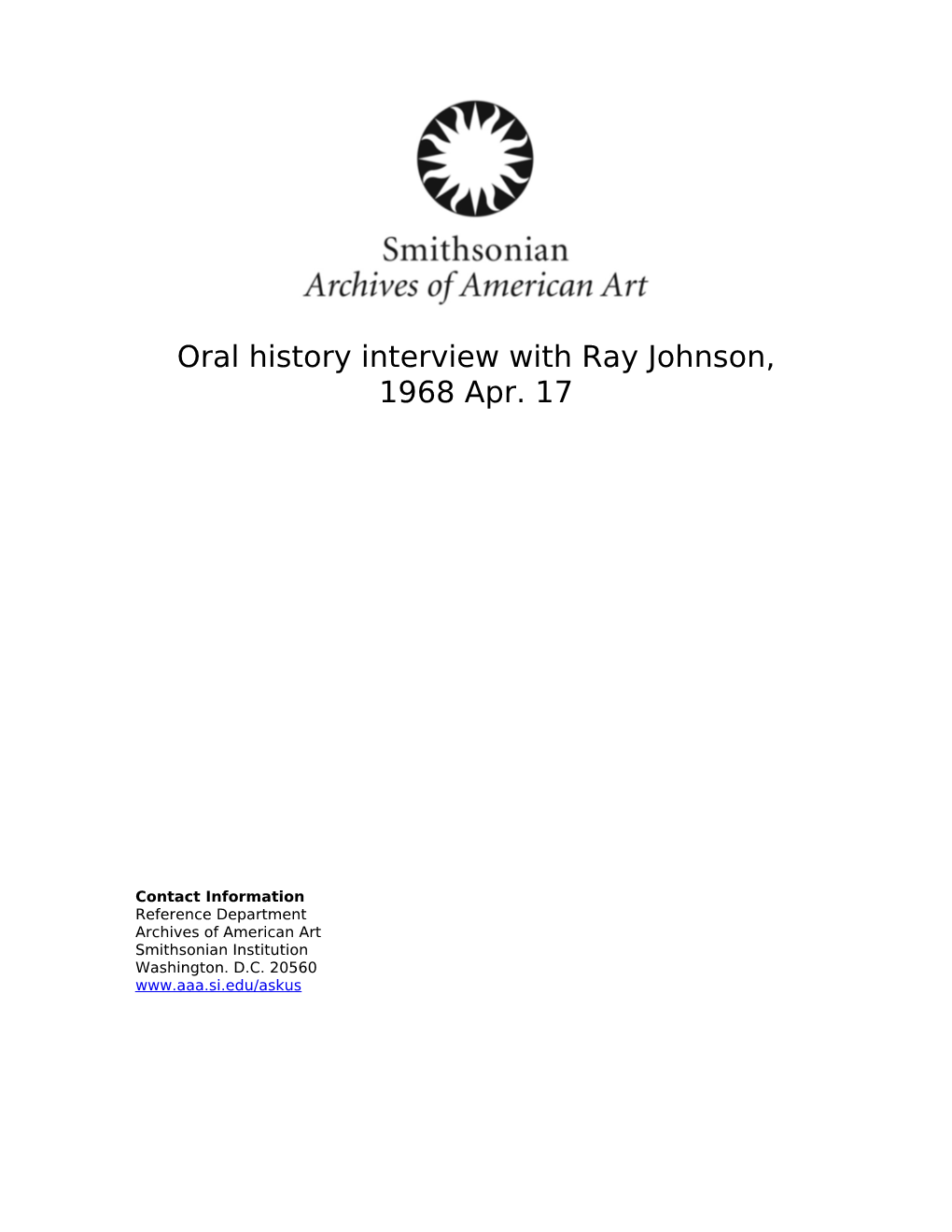 Oral History Interview with Ray Johnson, 1968 Apr. 17