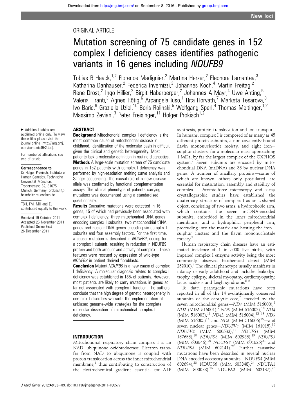 Mutation Screening of 75 Candidate Genes in 152 Complex I Deficiency