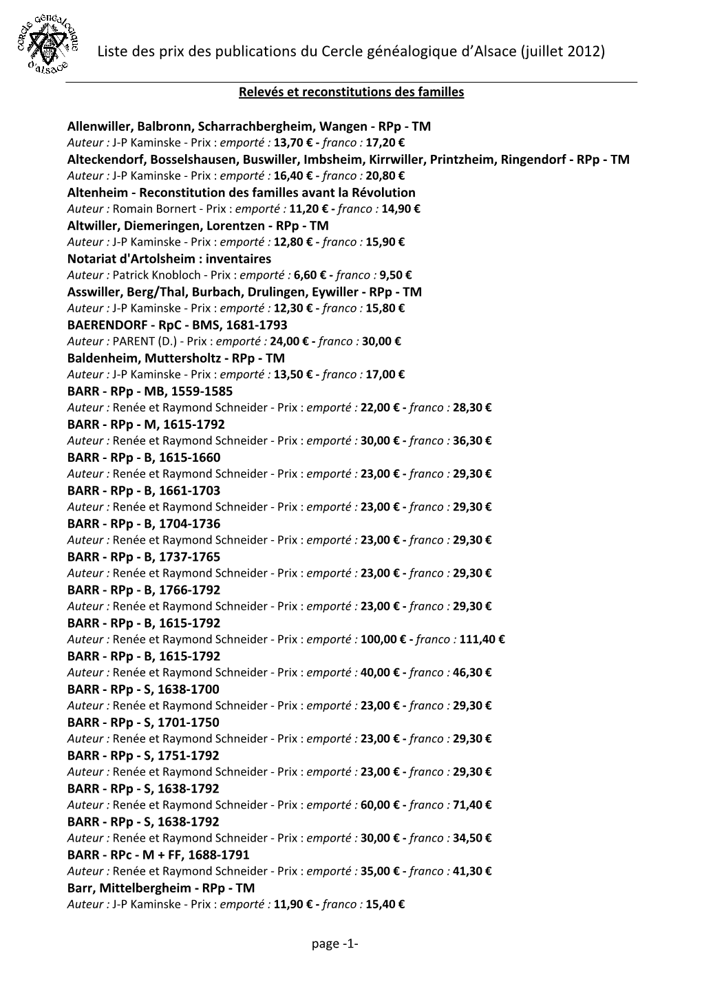 Liste Des Prix Des Publications Du Cercle Généalogique D'alsace