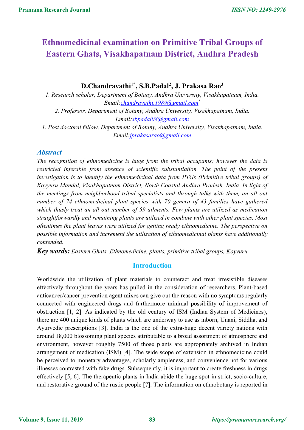 Ethnomedicinal Examination on Primitive Tribal Groups of Eastern Ghats, Visakhapatnam District, Andhra Pradesh