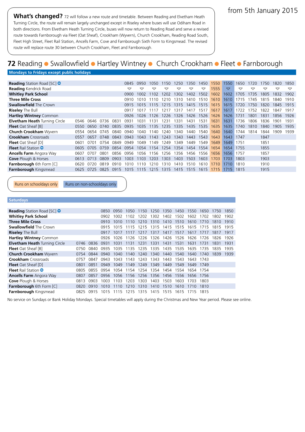 72 Reading Swallowfield Hartley Wintney Church Crookham Fleet Farnborough Mondays to Fridays Except Public Holidays