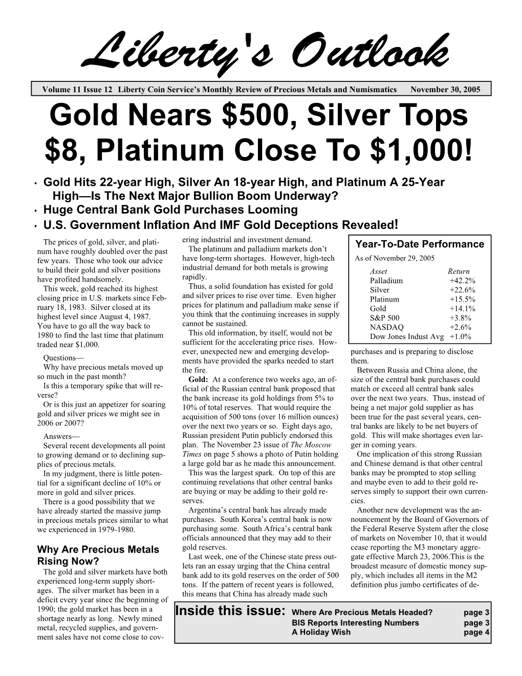 December 2005 – Gold Nears $500, Silver Tops $8, Platinum Close To