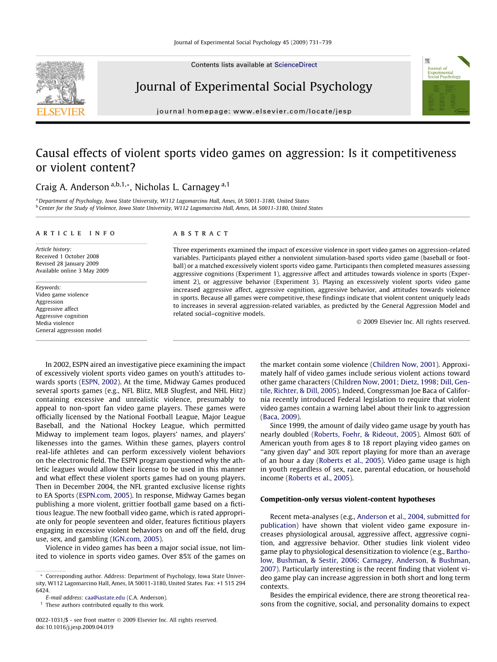 Causal Effects of Violent Sports Video Games on Aggression: Is It Competitiveness Or Violent Content?