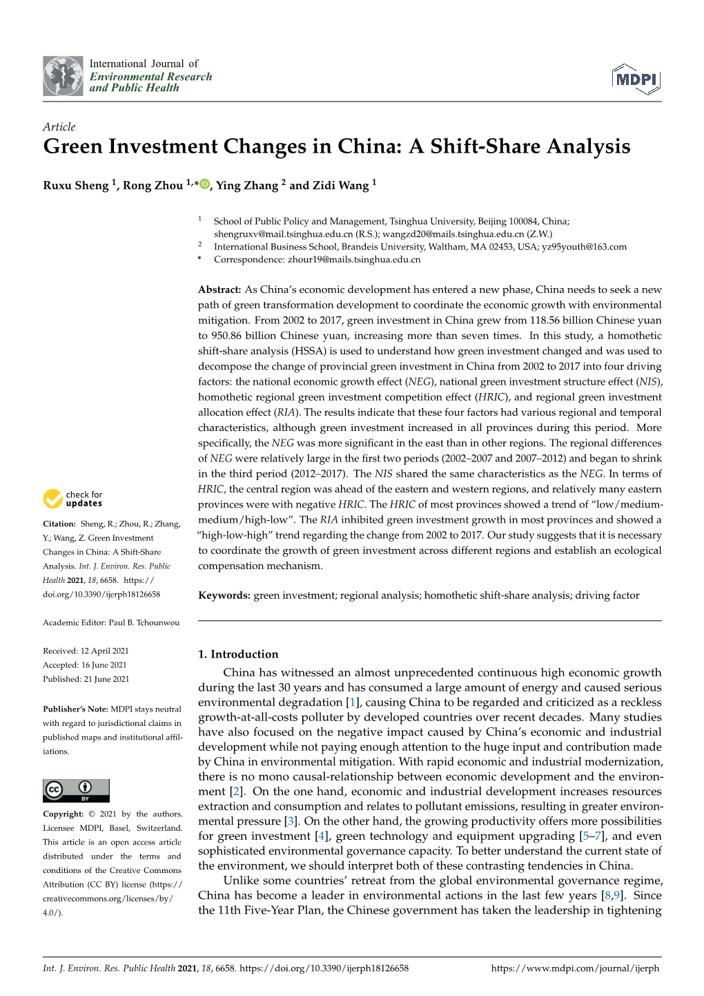 Green Investment Changes in China: a Shift-Share Analysis