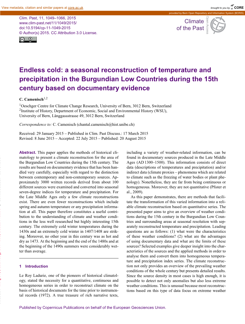 Endless Cold: a Seasonal Reconstruction of Temperature and Precipitation in the Burgundian Low Countries During the 15Th Century Based on Documentary Evidence