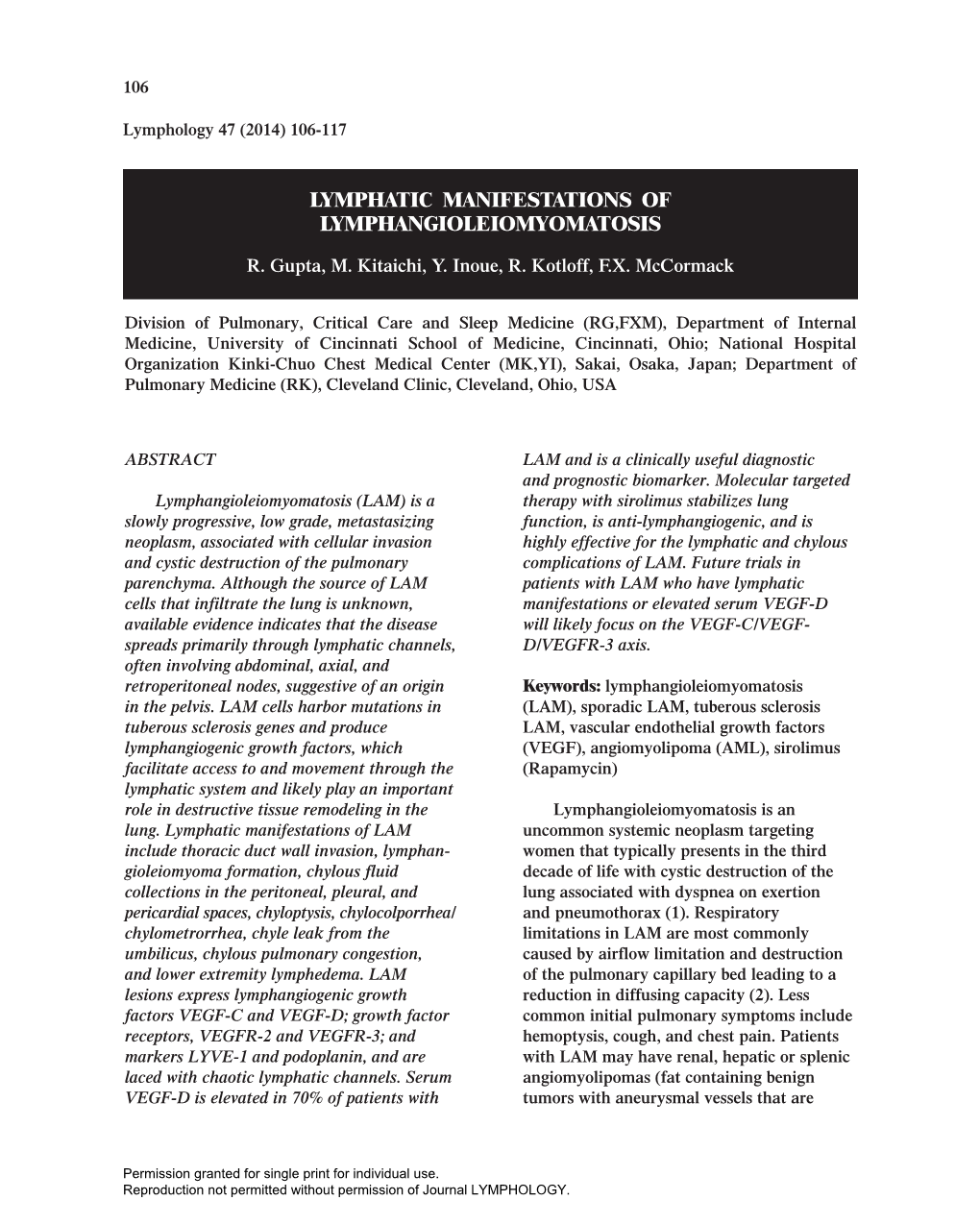 Lymphatic Manifestations of Lymphangioleiomyomatosis