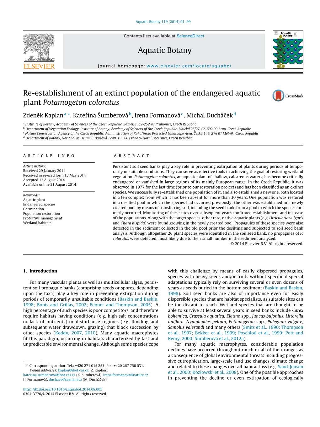 Re-Establishment of an Extinct Population of the Endangered Aquatic Plant Potamogeton Coloratus