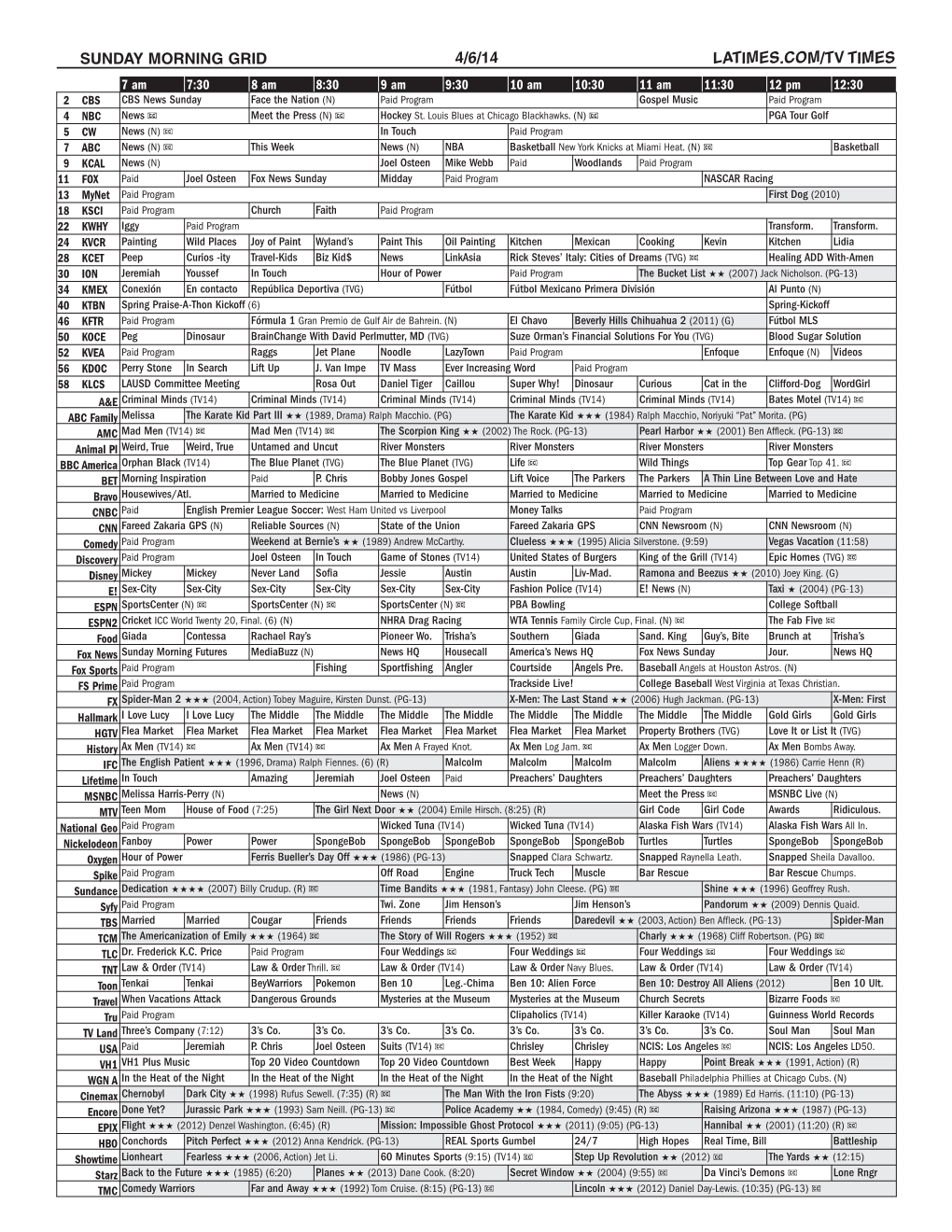 Sunday Morning Grid 4/6/14 Latimes.Com/Tv Times