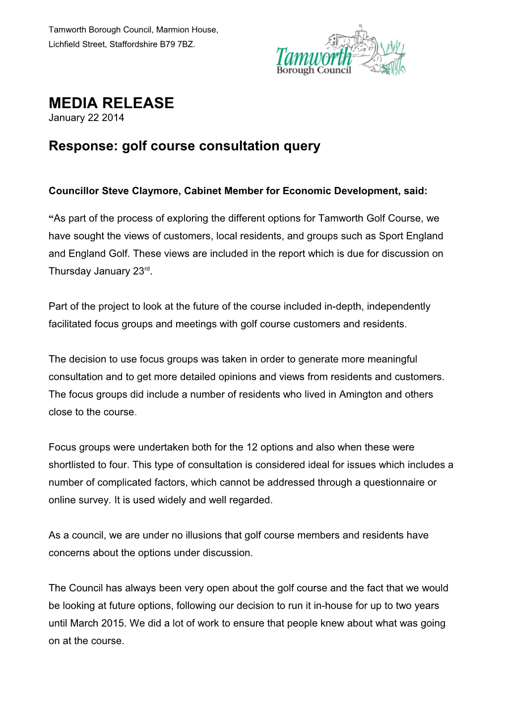 Response: Golf Course Consultation Query