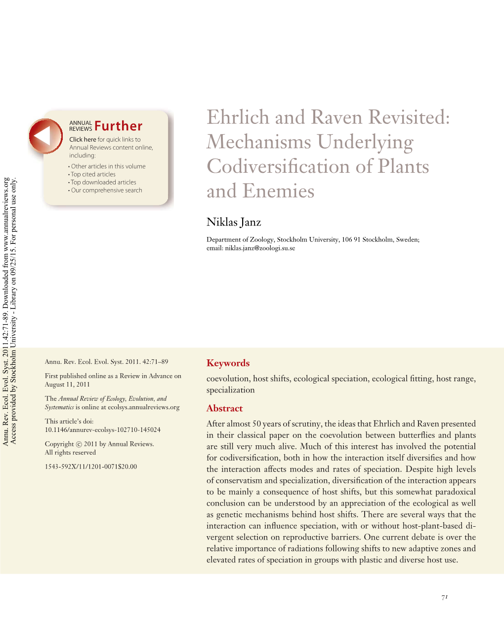 Ehrlich and Raven Revisited: Mechanisms Underlying Codiversification of Plants and Enemies