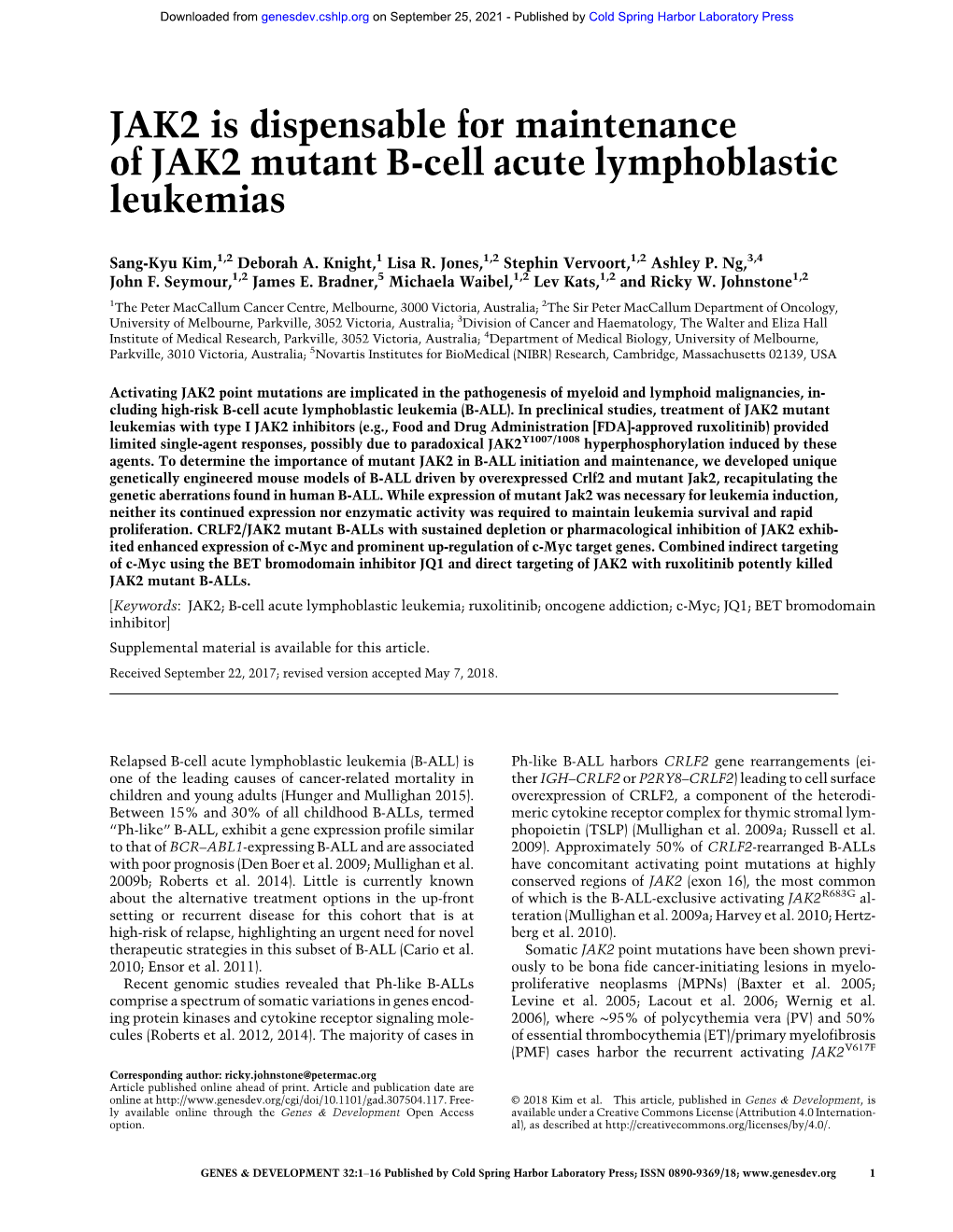 JAK2 Is Dispensable for Maintenance of JAK2 Mutant B-Cell Acute Lymphoblastic Leukemias